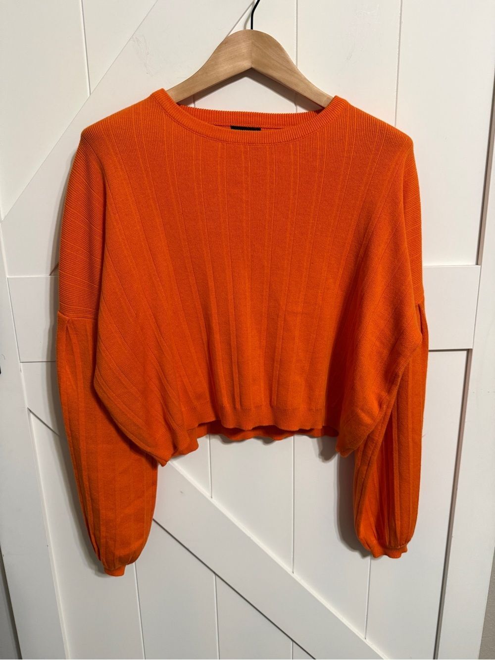 Lumiere Bright Orange Ribbed Cropped Sweater Balloon Sleeve Women’s Large